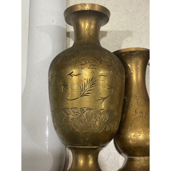 Vintage Brass Vase Set Etched Floral Design Pedestal Base Set of 3 - Picture 9 of 9